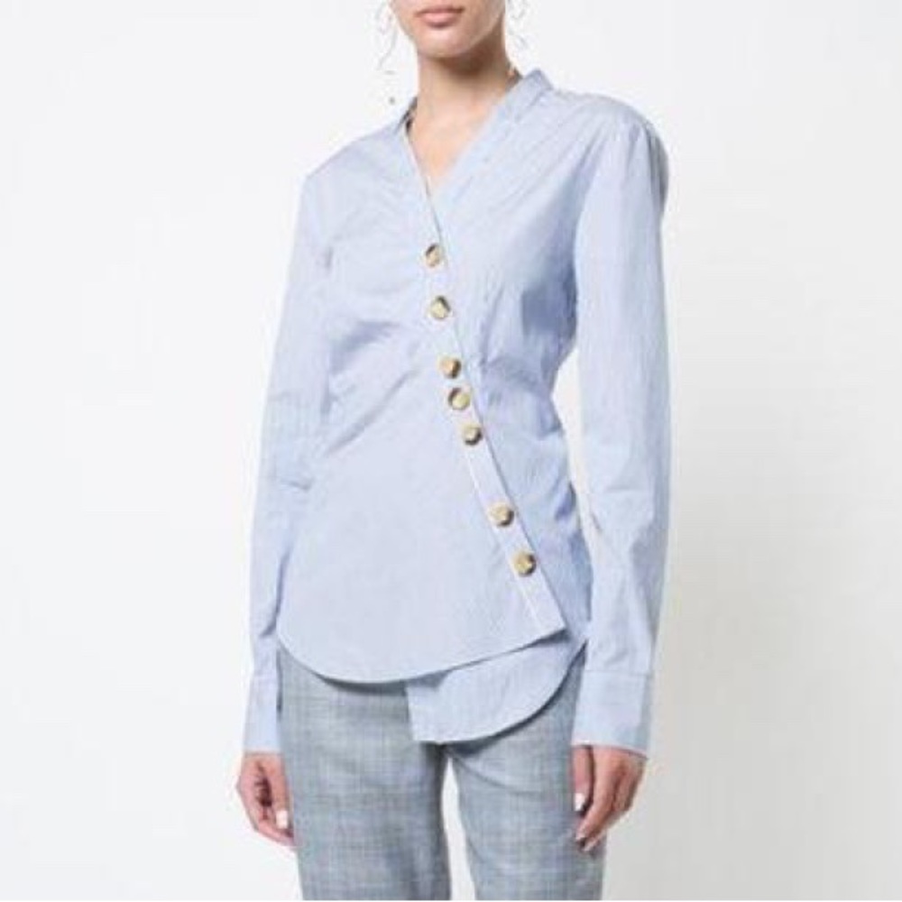 Tibi Jones Asymmetrical Blue Striped Cotton Shirt Size 4